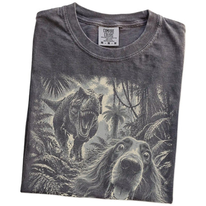 T-Rex Selfie Irish Setter Comfort Colors 1717 T-Shirt in Pepper, folded detail