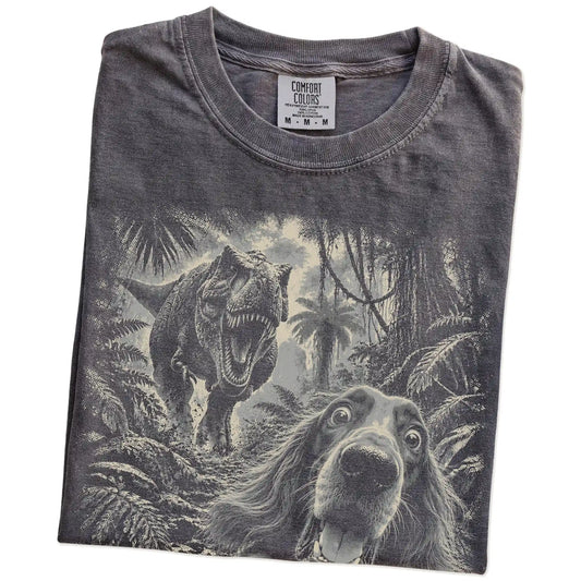 T-Rex Selfie Irish Setter Comfort Colors 1717 T-Shirt in Pepper, folded detail