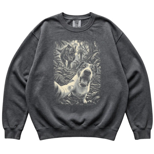 T-Rex Selfie Jack Russell Comfort Colors 1566 Sweatshirt in Pepper, flat lay