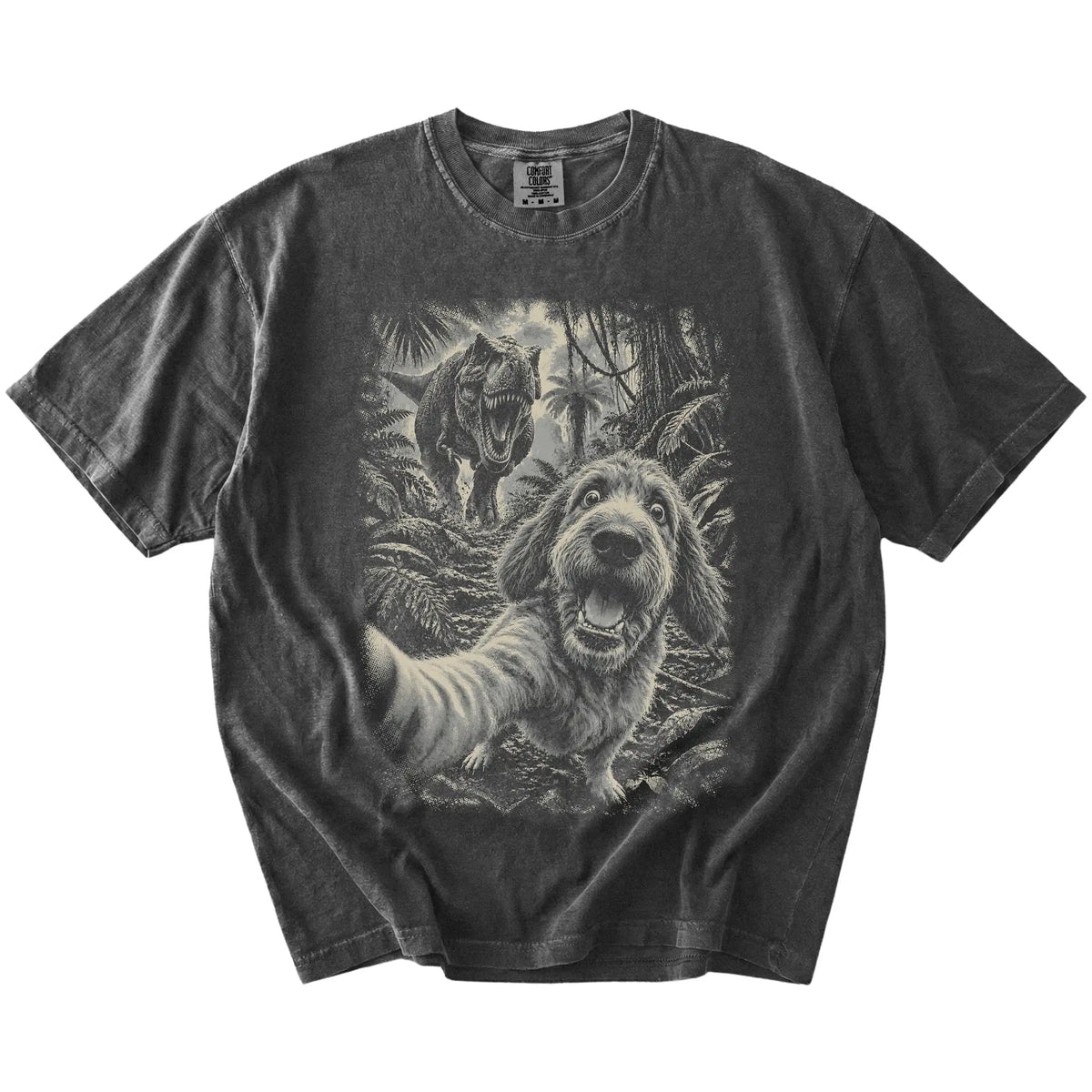 T-Rex Selfie Labradoodle Comfort Colors 1717 T-Shirt in Pepper, flat lay