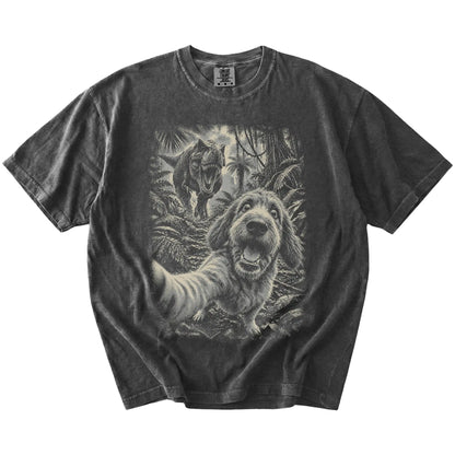 T-Rex Selfie Labradoodle Comfort Colors 1717 T-Shirt in Pepper, flat lay