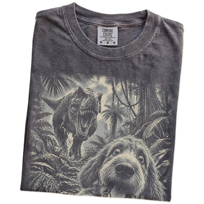 T-Rex Selfie Labradoodle Comfort Colors 1717 T-Shirt in Pepper, folded detail