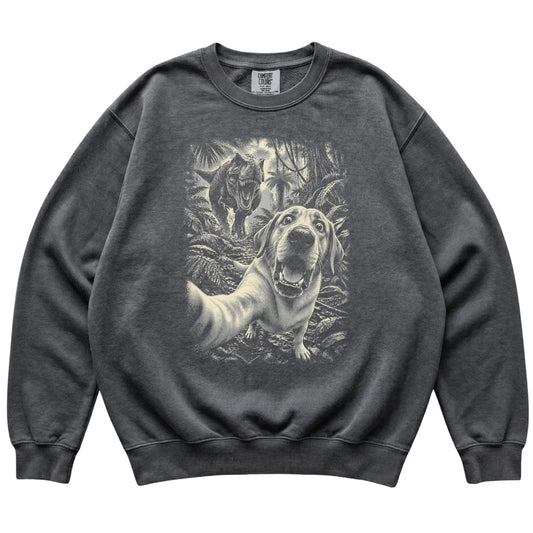 T-Rex Selfie Labrador Retriever Comfort Colors 1566 Sweatshirt in Pepper, flat lay