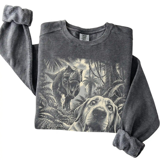 T-Rex Selfie Labrador Retriever Comfort Colors 1566 Sweatshirt in Pepper, folded detail