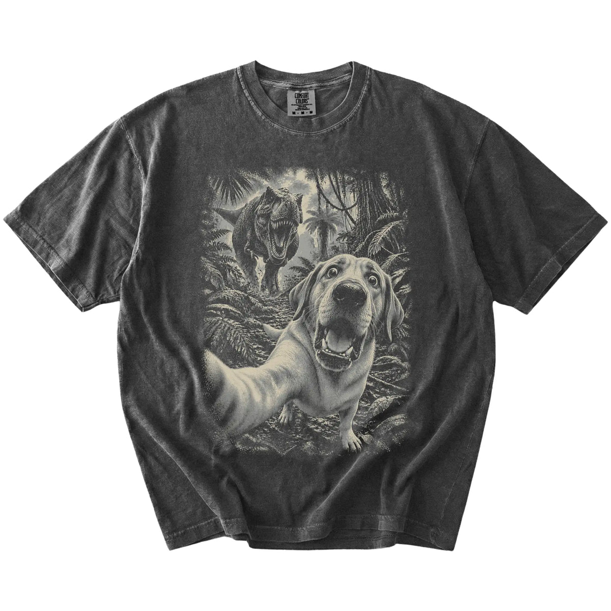 T-Rex Selfie Labrador Retriever Comfort Colors 1717 T-Shirt in Pepper, flat lay
