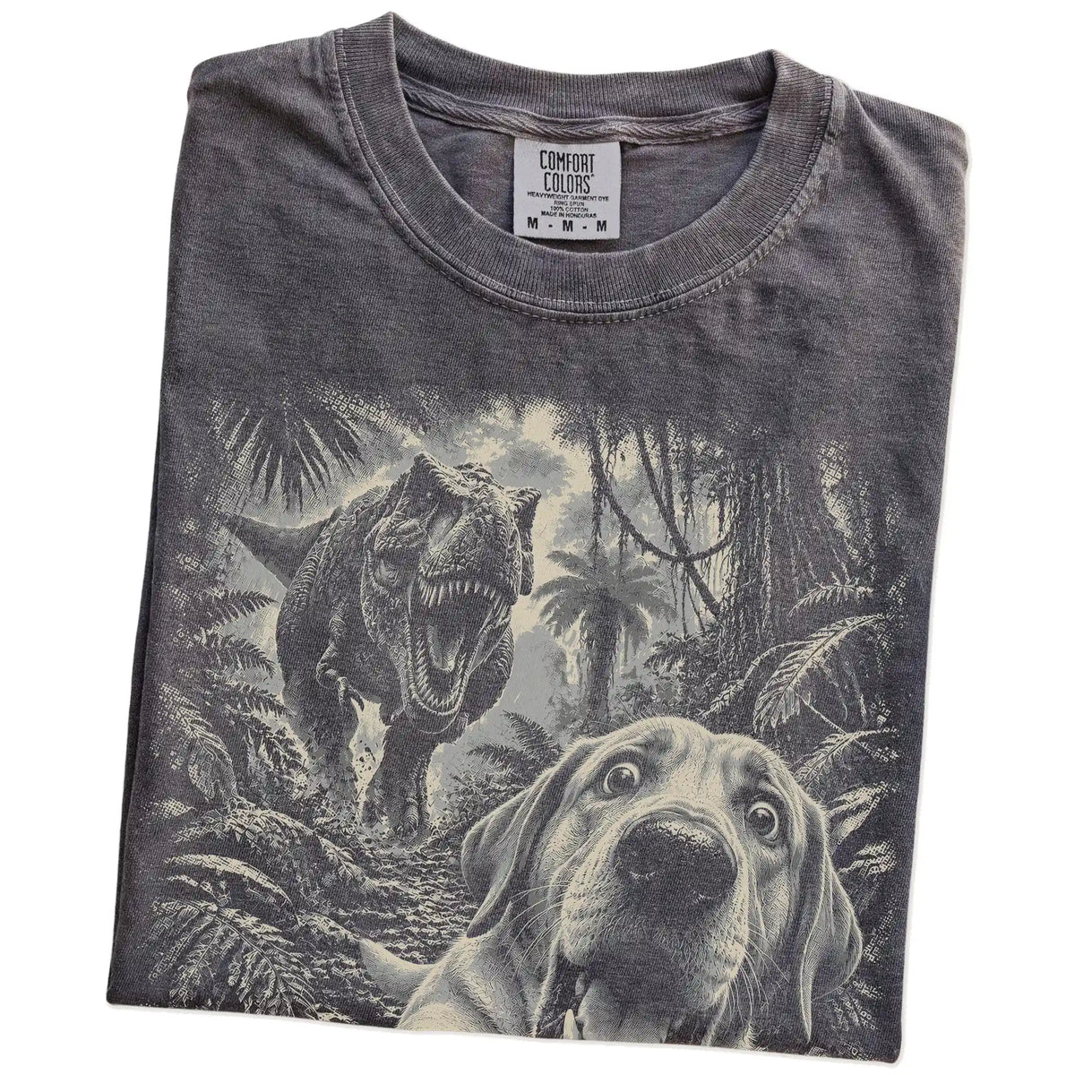 T-Rex Selfie Labrador Retriever Comfort Colors 1717 T-Shirt in Pepper, folded detail