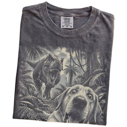 T-Rex Selfie Labrador Retriever Comfort Colors 1717 T-Shirt in Pepper, folded detail