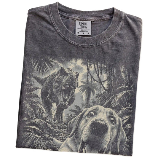 T-Rex Selfie Labrador Retriever Comfort Colors 1717 T-Shirt in Pepper, folded detail