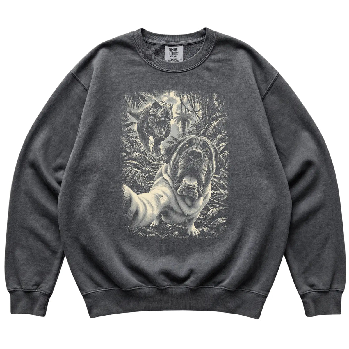 T-Rex Selfie Mastiff Comfort Colors 1566 Sweatshirt in Pepper, flat lay