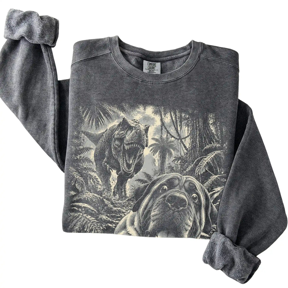 T-Rex Selfie Mastiff Comfort Colors 1566 Sweatshirt in Pepper, folded detail