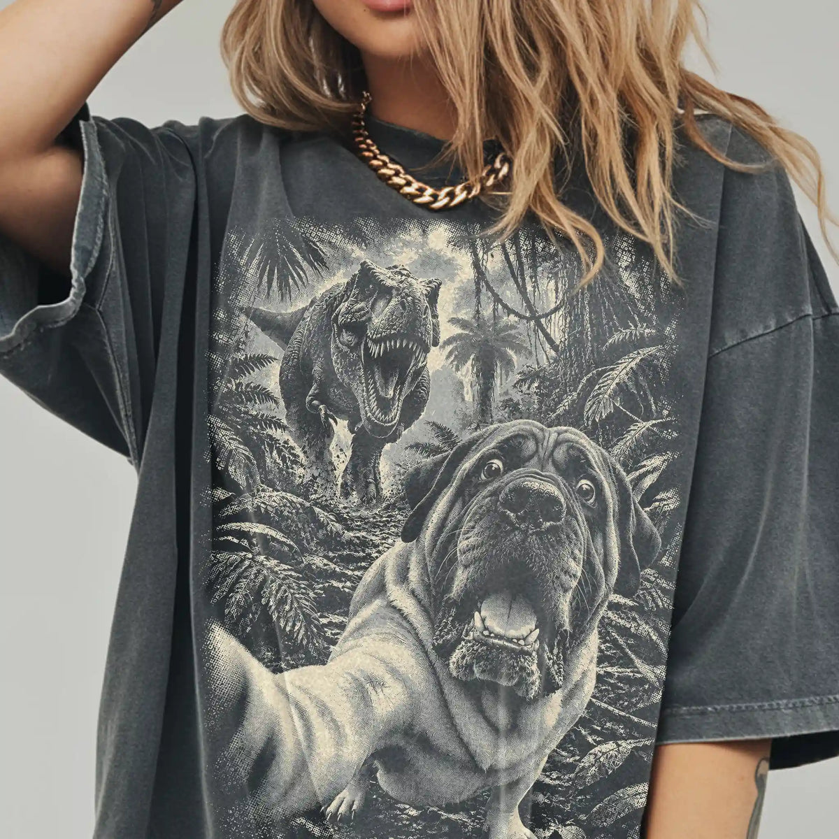 T-Rex Selfie Mastiff Comfort Colors 1717 T-Shirt in Pepper, studio lifestyle