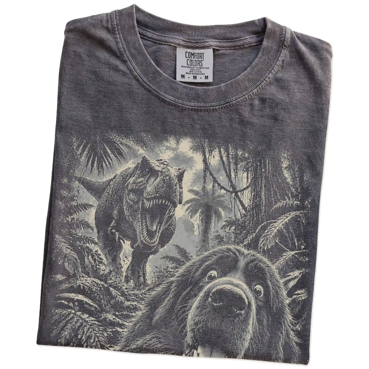 T-Rex Selfie Newfie Comfort Colors 1717 T-Shirt in Pepper, folded detail