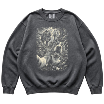 T-Rex Selfie Pitbull Comfort Colors 1566 Sweatshirt in Pepper, flat lay