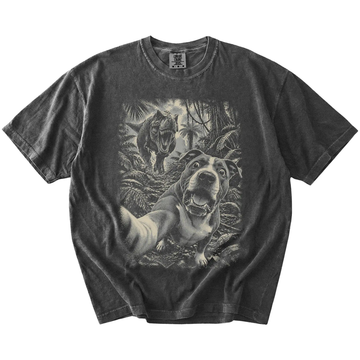 T-Rex Selfie Pitbull Comfort Colors 1717 T-Shirt in Pepper, flat lay