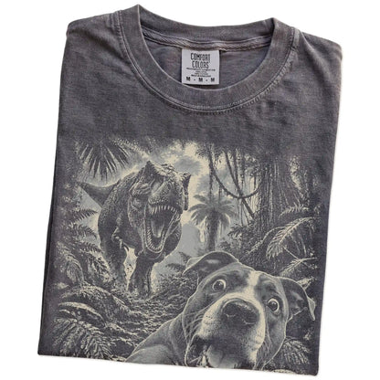 T-Rex Selfie Pitbull Comfort Colors 1717 T-Shirt in Pepper, folded detail