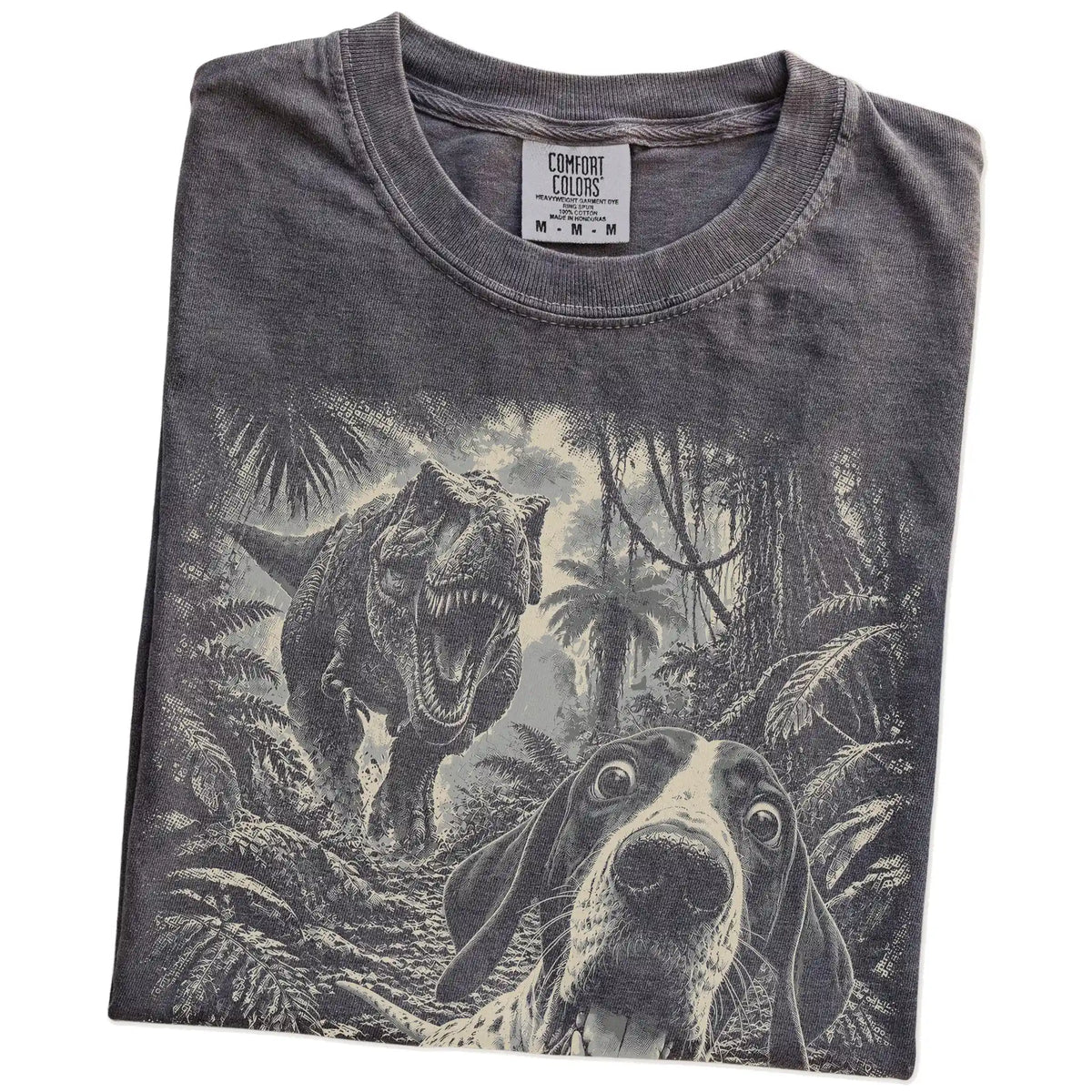 T-Rex Selfie Pointer Comfort Colors 1717 T-Shirt in Pepper, folded detail