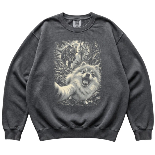 T-Rex Selfie Pomeranian Comfort Colors 1566 Sweatshirt in Pepper, flat lay