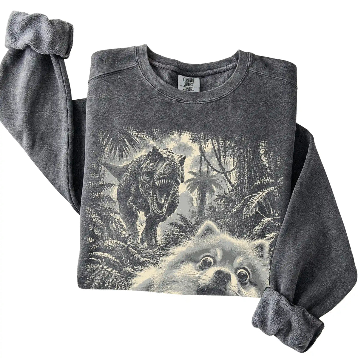 T-Rex Selfie Pomeranian Comfort Colors 1566 Sweatshirt in Pepper, folded detail