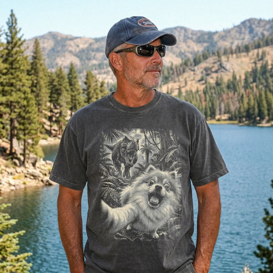T-Rex Selfie Pomeranian Comfort Colors 1717 T-Shirt in Pepper, studio lifestyle