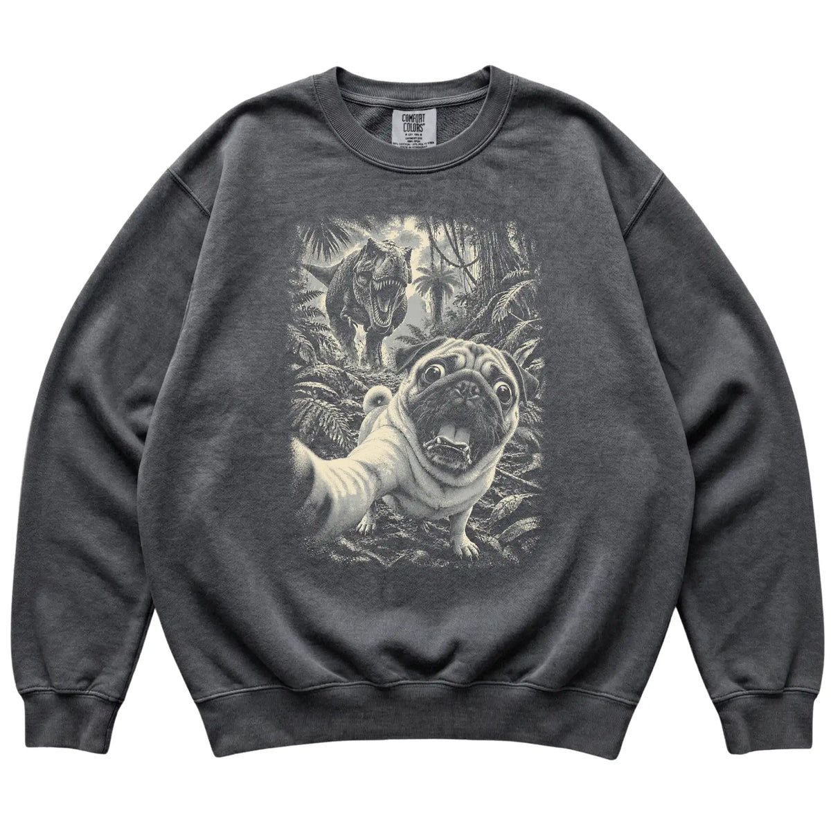 T-Rex Selfie Pug Comfort Colors 1566 Sweatshirt in Pepper, flat lay