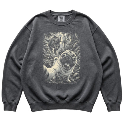 T-Rex Selfie Pug Comfort Colors 1566 Sweatshirt in Pepper, flat lay