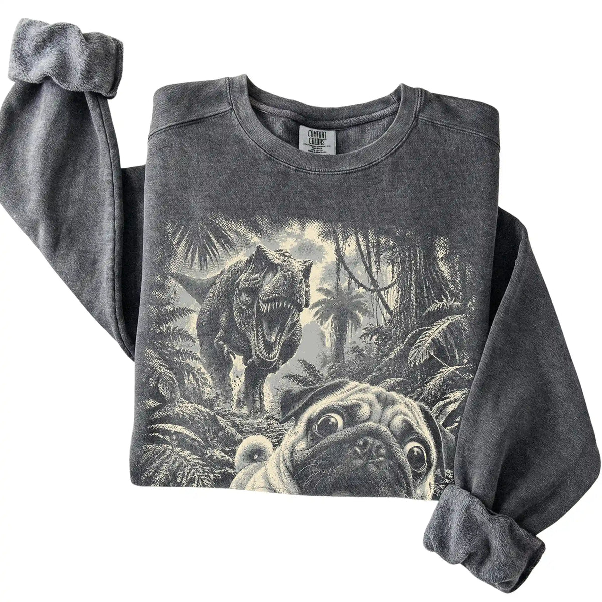 T-Rex Selfie Pug Comfort Colors 1566 Sweatshirt in Pepper, folded detail