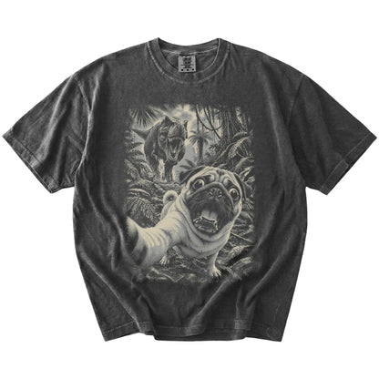 T-Rex Selfie Pug Comfort Colors 1717 T-Shirt in Pepper, flat lay