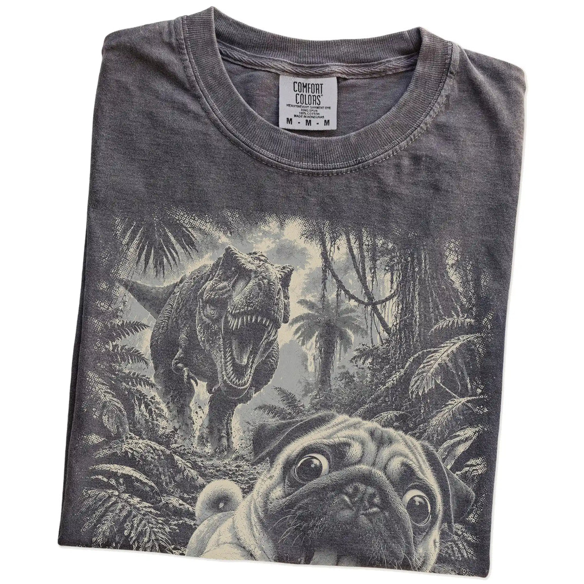 T-Rex Selfie Pug Comfort Colors 1717 T-Shirt in Pepper, folded detail