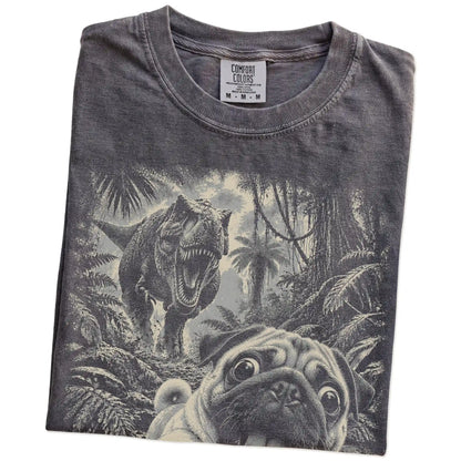 T-Rex Selfie Pug Comfort Colors 1717 T-Shirt in Pepper, folded detail