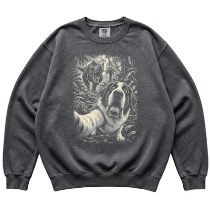 T-Rex Selfie Saint Bernard Comfort Colors 1566 Sweatshirt in Pepper, flat lay