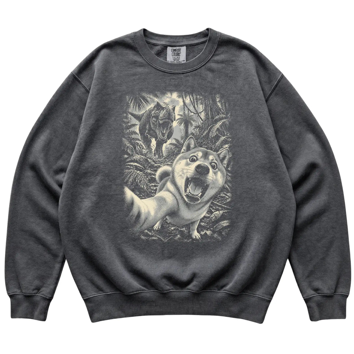 T-Rex Selfie Shiba Inu Comfort Colors 1566 Sweatshirt in Pepper, flat lay