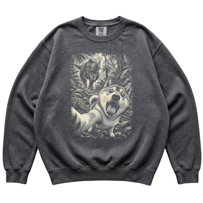 T-Rex Selfie Shiba Inu Comfort Colors 1566 Sweatshirt in Pepper, flat lay