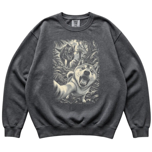T-Rex Selfie Shiba Inu Comfort Colors 1566 Sweatshirt in Pepper, flat lay
