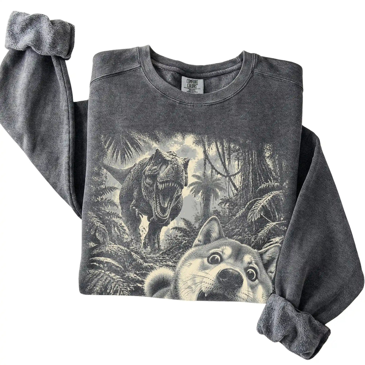 T-Rex Selfie Shiba Inu Comfort Colors 1566 Sweatshirt in Pepper, folded detail