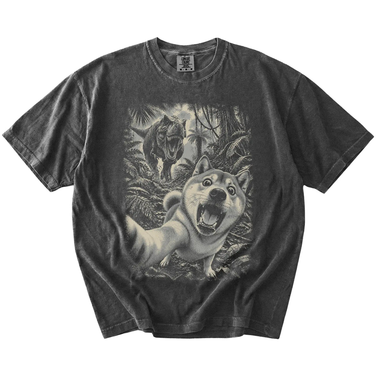 T-Rex Selfie Shiba Inu Comfort Colors 1717 T-Shirt in Pepper, flat lay