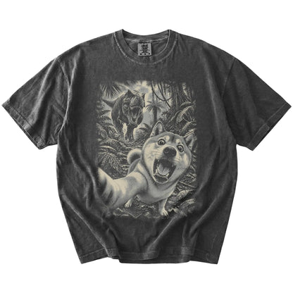 T-Rex Selfie Shiba Inu Comfort Colors 1717 T-Shirt in Pepper, flat lay