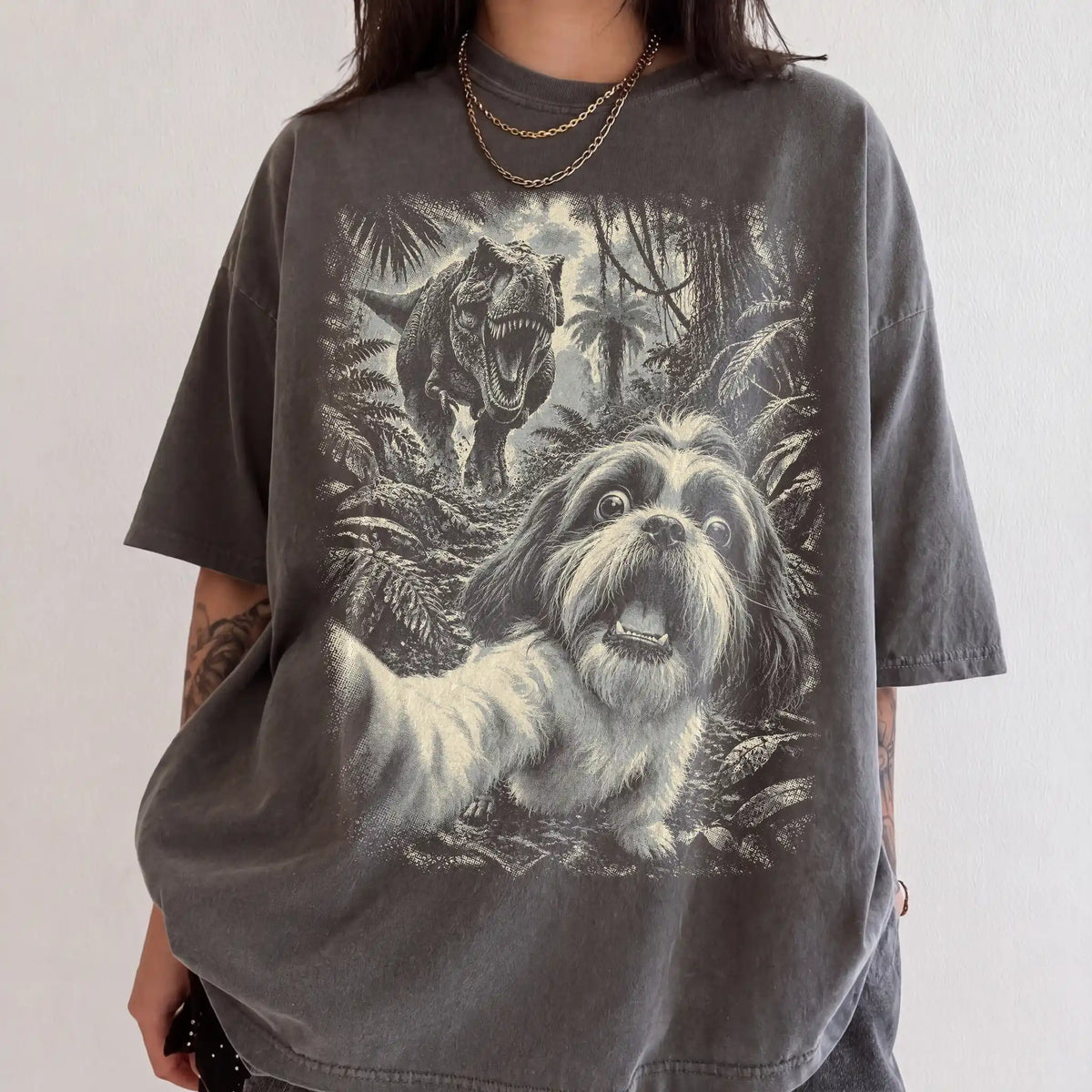 T-Rex Selfie Shih Tzu Comfort Colors 1717 T-Shirt in Pepper, studio lifestyle