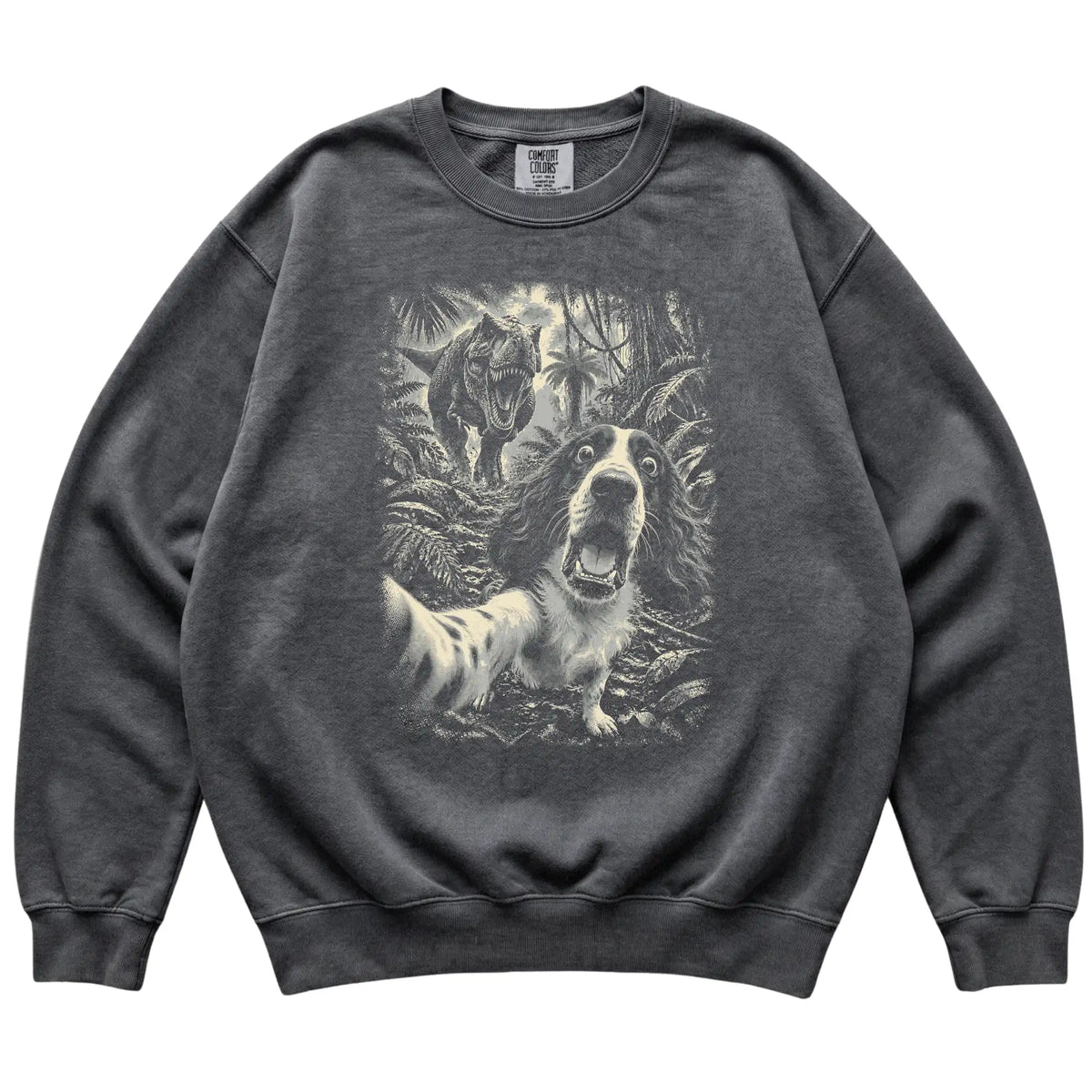 T-Rex Selfie Springer Spaniel Comfort Colors 1566 Sweatshirt in Pepper, flat lay