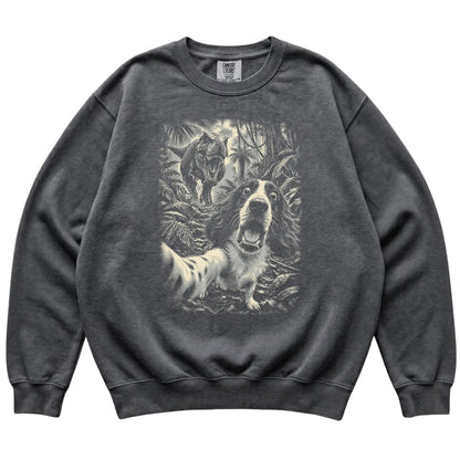 T-Rex Selfie Springer Spaniel Comfort Colors 1566 Sweatshirt in Pepper, flat lay
