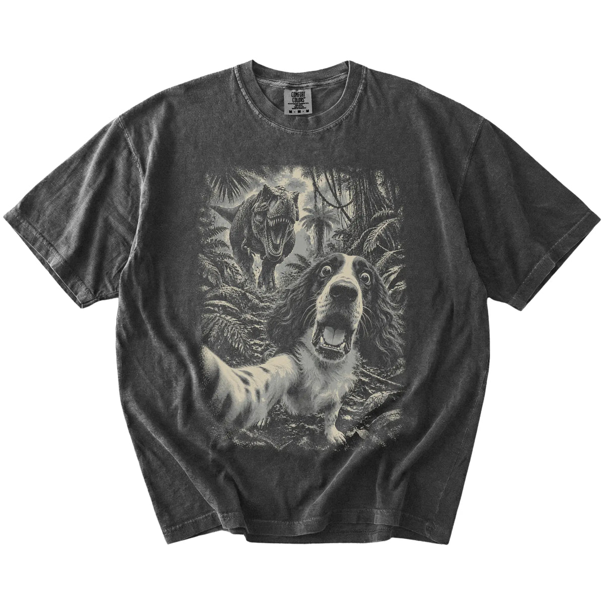 T-Rex Selfie Springer Spaniel Comfort Colors 1717 T-Shirt in Pepper, flat lay