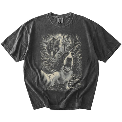 T-Rex Selfie Springer Spaniel Comfort Colors 1717 T-Shirt in Pepper, flat lay