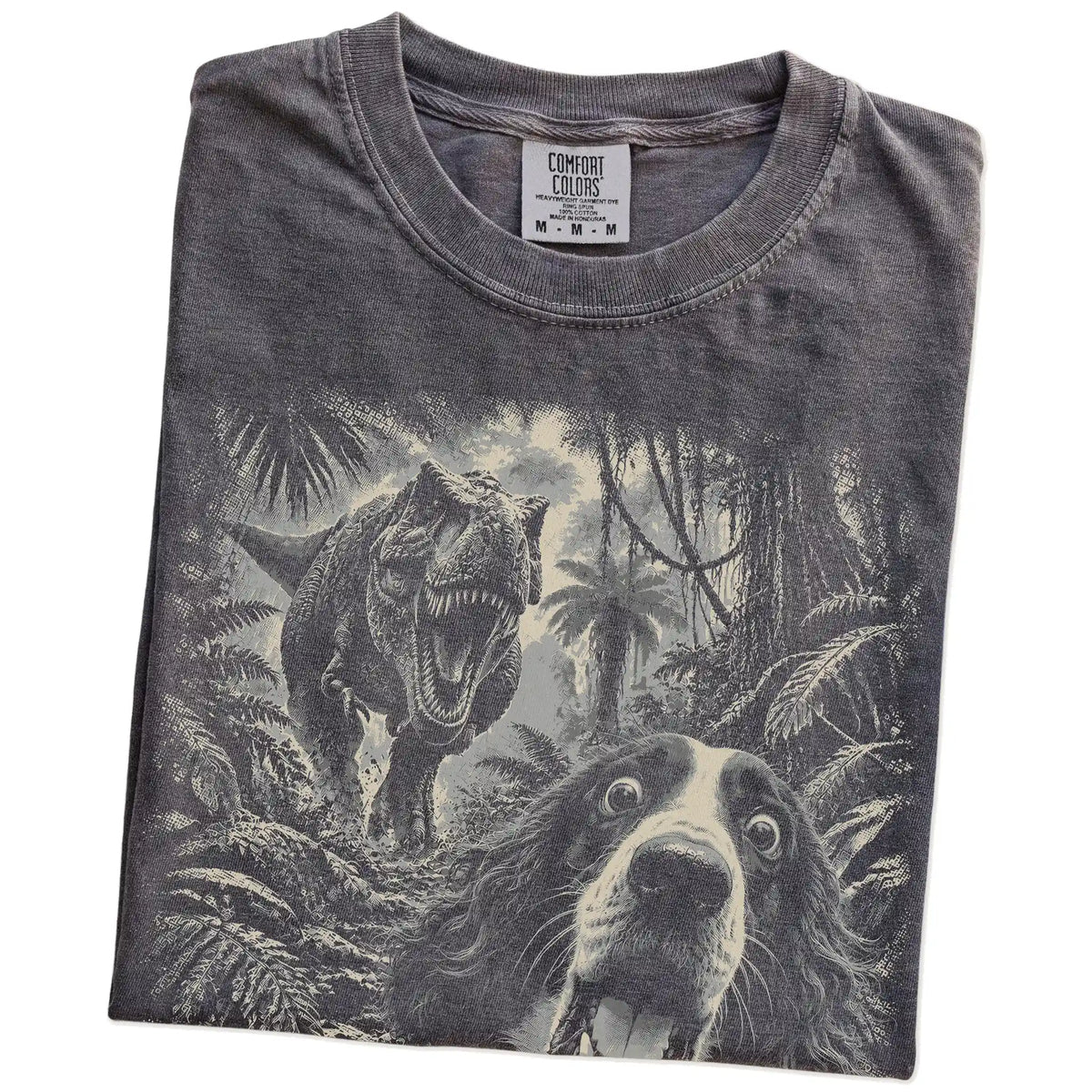 T-Rex Selfie Springer Spaniel Comfort Colors 1717 T-Shirt in Pepper, folded detail