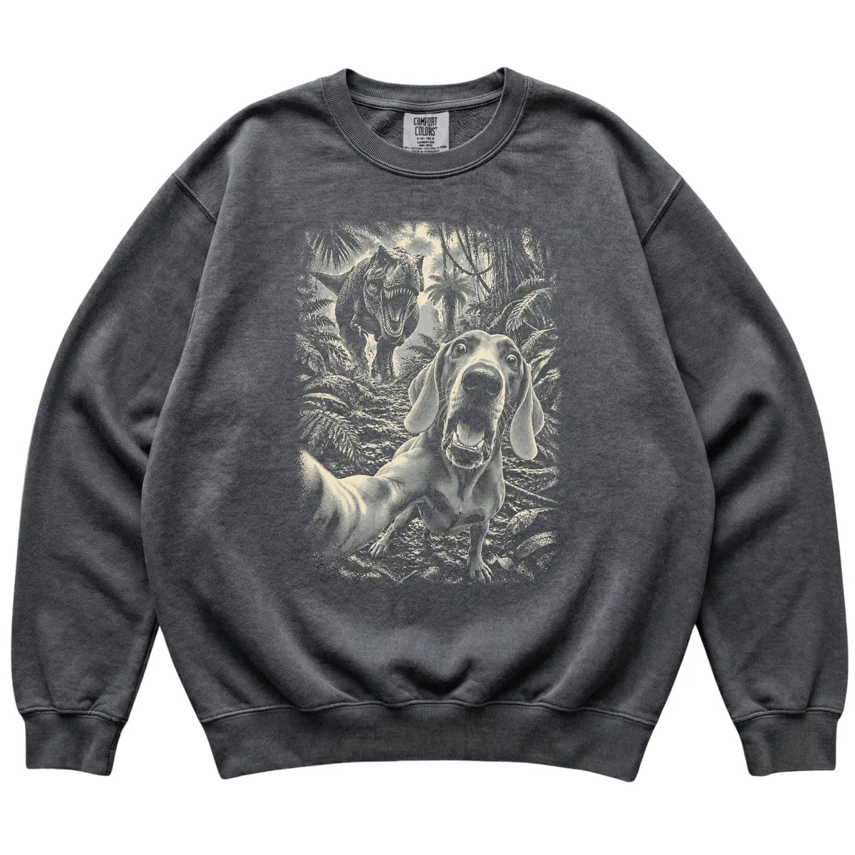 T-Rex Selfie Weimaraner Comfort Colors 1566 Sweatshirt in Pepper, flat lay