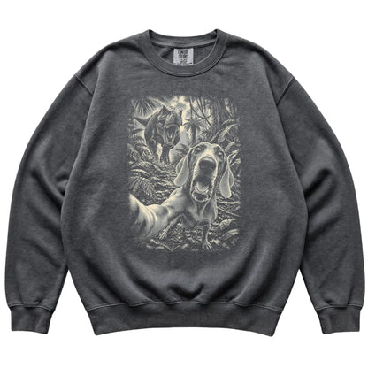 T-Rex Selfie Weimaraner Comfort Colors 1566 Sweatshirt in Pepper, flat lay