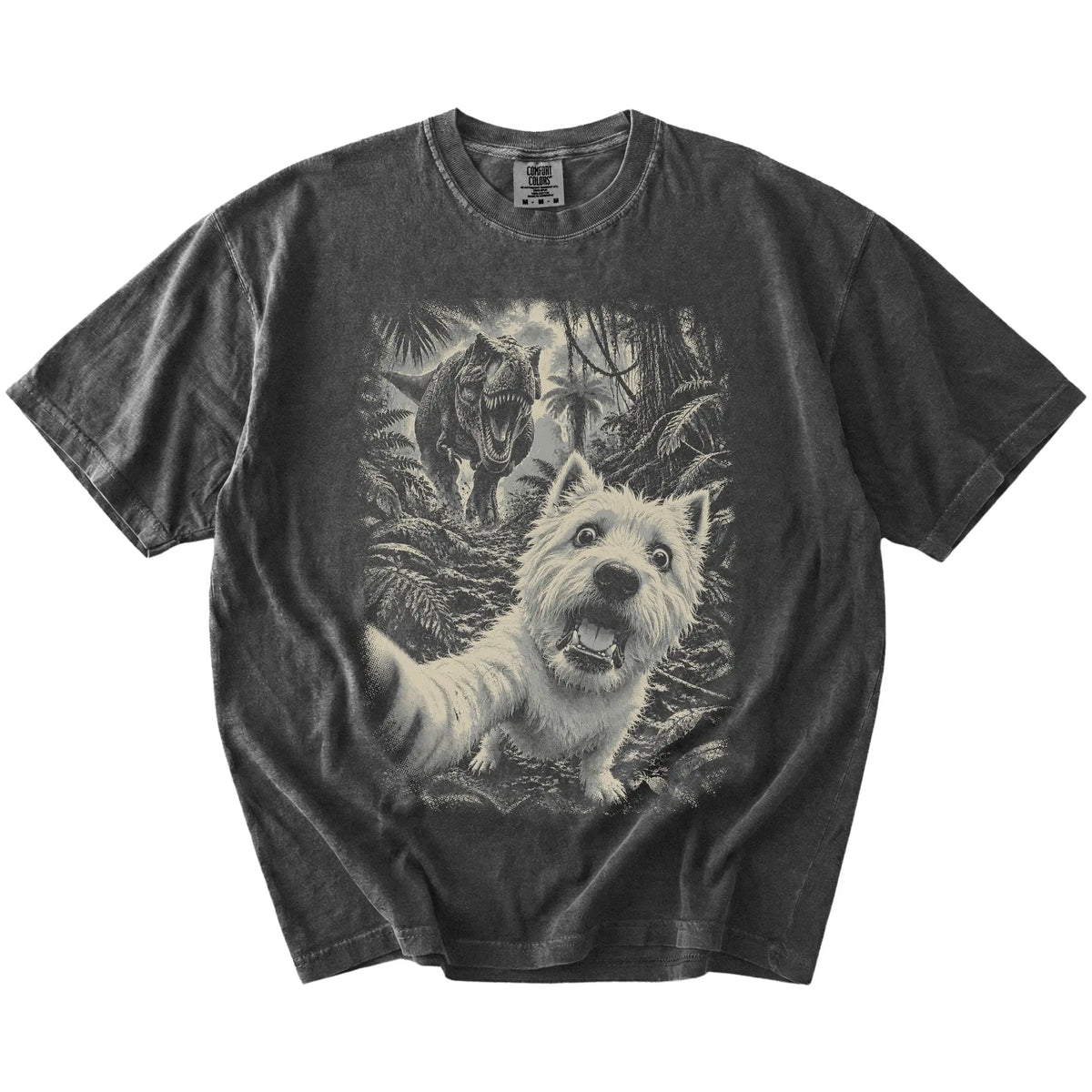 T-Rex Selfie Westie Comfort Colors 1717 T-Shirt in Pepper, flat lay
