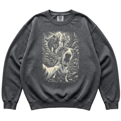 T-Rex Selfie Whippet Comfort Colors 1566 Sweatshirt in Pepper, flat lay