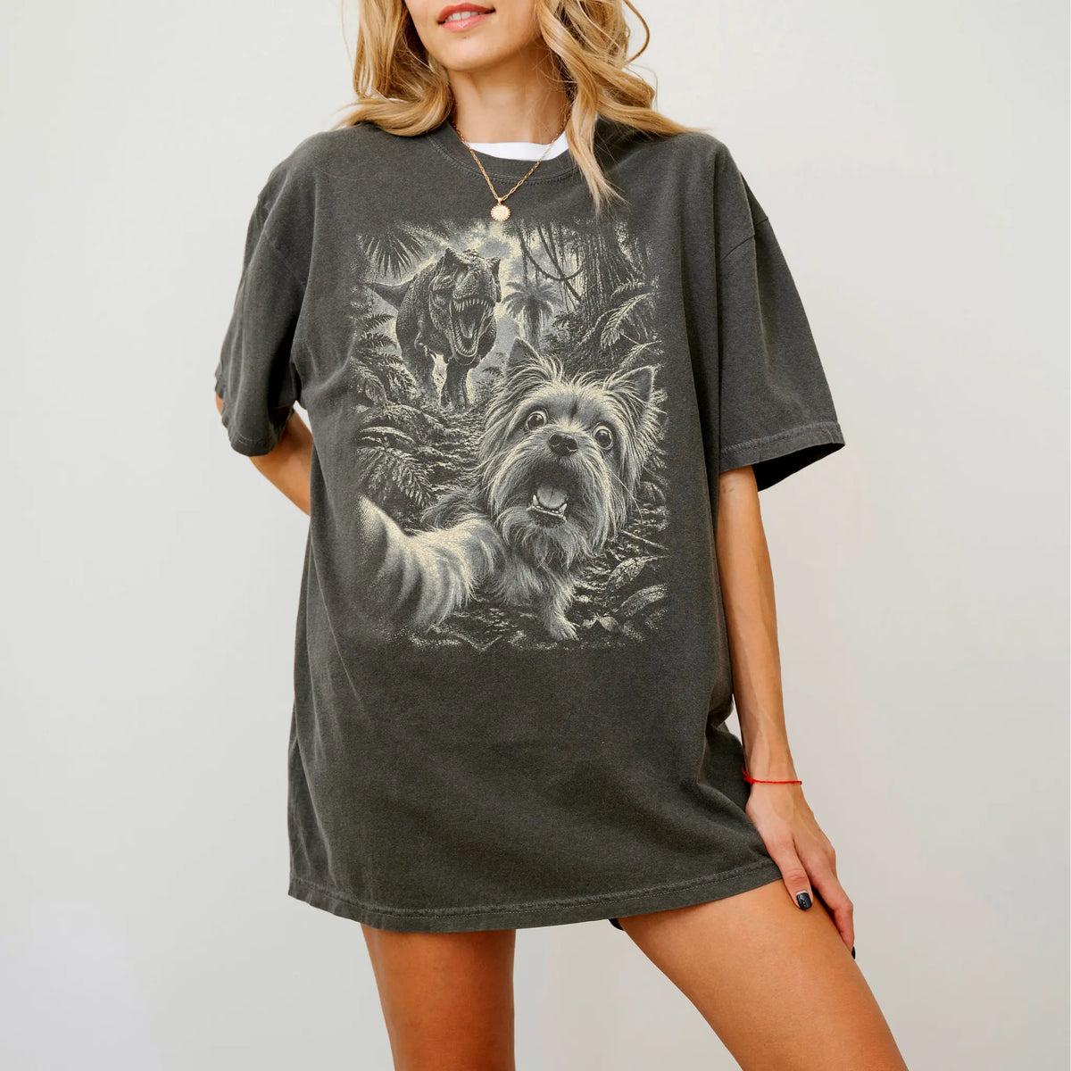 T-Rex Selfie Yorkie Comfort Colors 1717 T-Shirt in Pepper, studio lifestyle