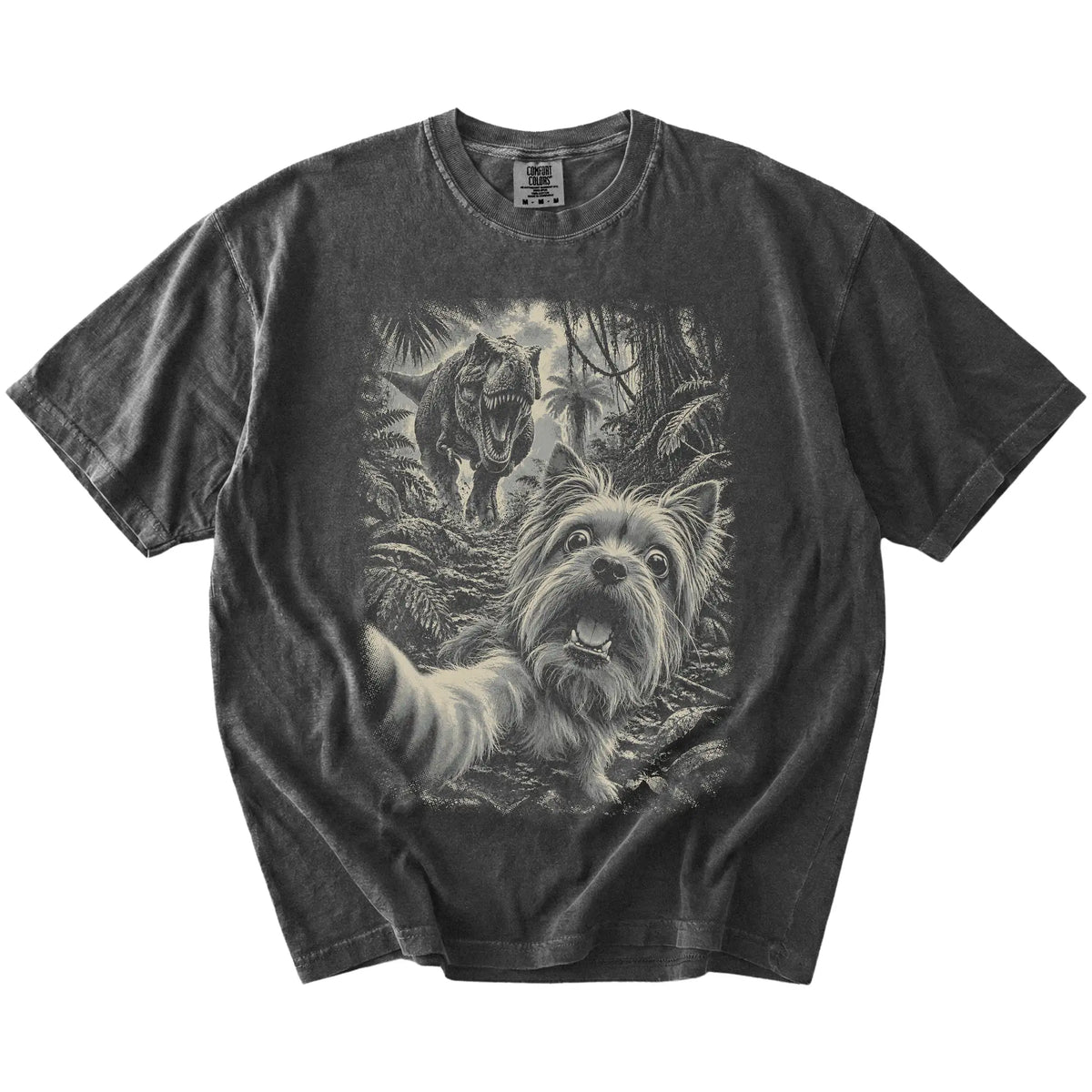 T-Rex Selfie Yorkie Comfort Colors 1717 T-Shirt in Pepper, flat lay