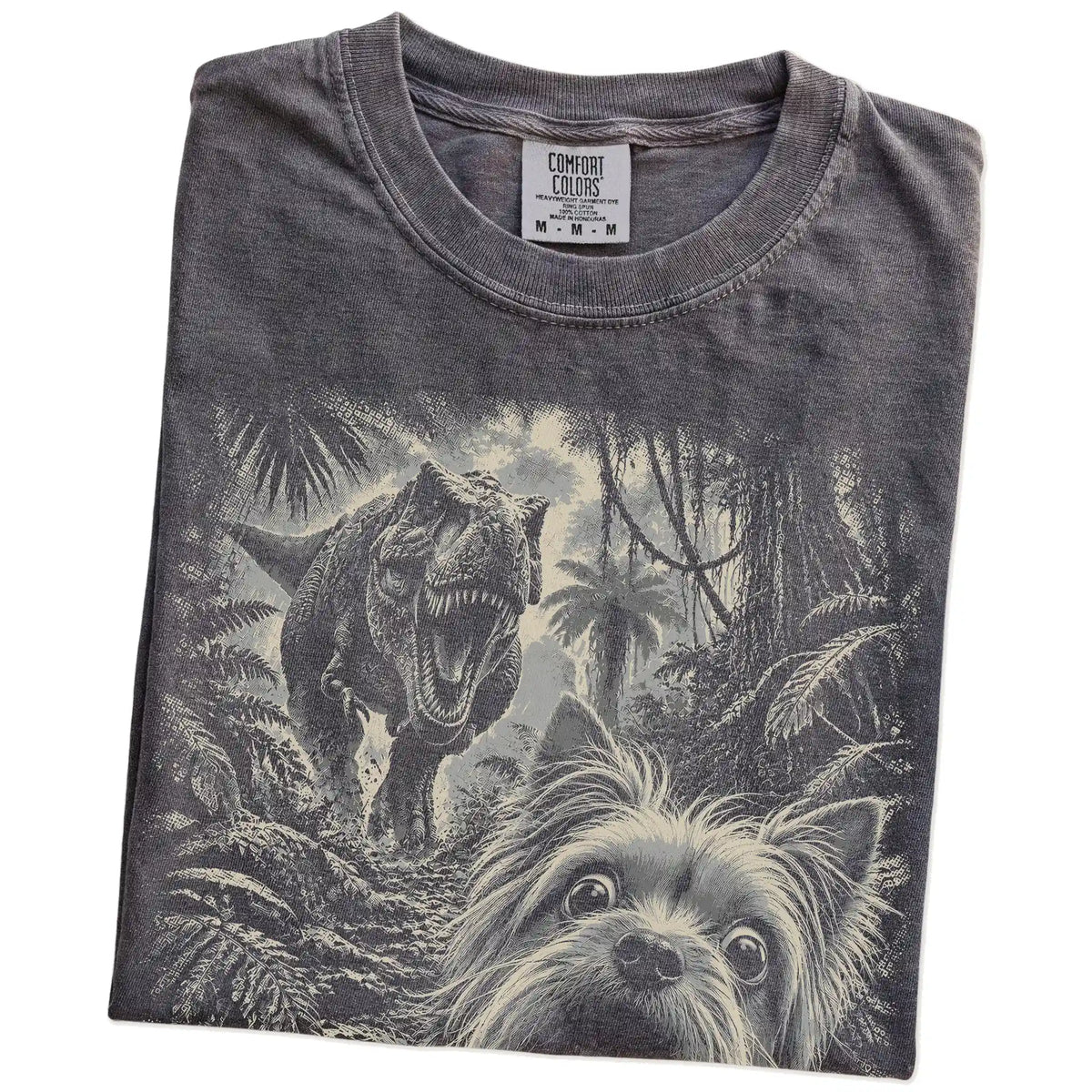 T-Rex Selfie Yorkie Comfort Colors 1717 T-Shirt in Pepper, folded detail