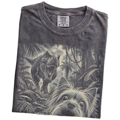 T-Rex Selfie Yorkie Comfort Colors 1717 T-Shirt in Pepper, folded detail